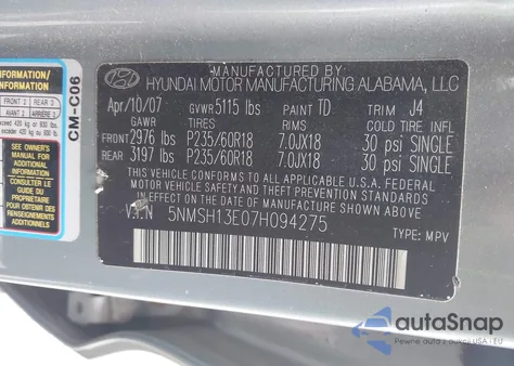 2007 Hyundai Santa Fe Limited/Se из США, поврежденный, VIN 5NMSH13E07H094275